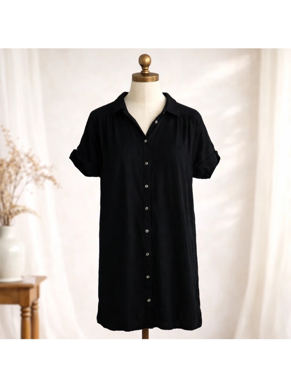 Well Worn Dress XL Black Linen Blend S/S Button Front Minimalist Capsule Travel